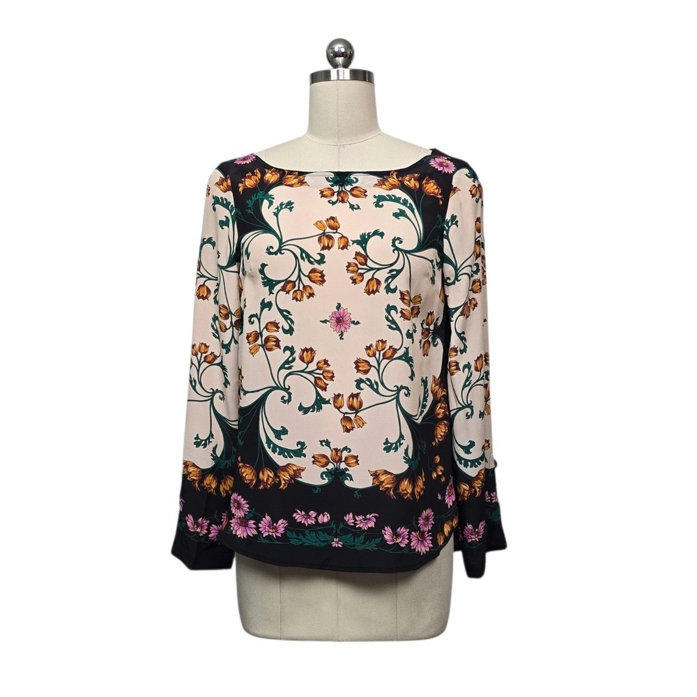 Maeve Anthropologie 100% Silk Floral Scroll Print Blouse Pink Black Size 0 NWT